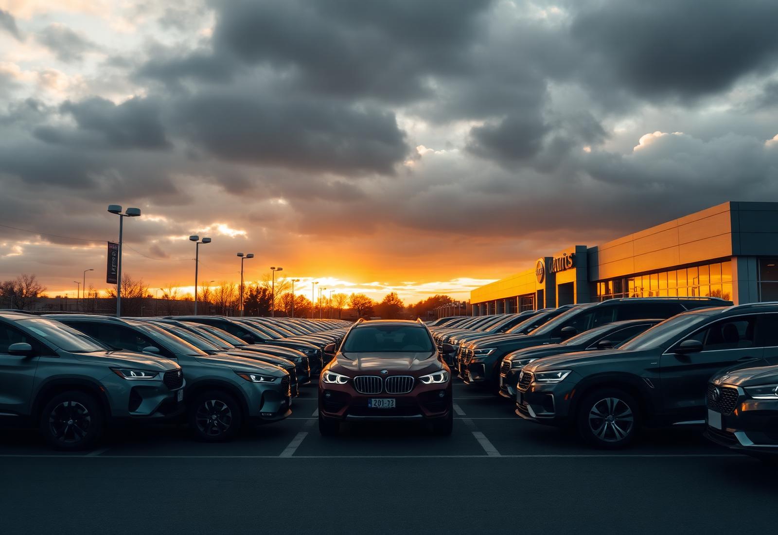 Dealership lot full of vehicles at sunset